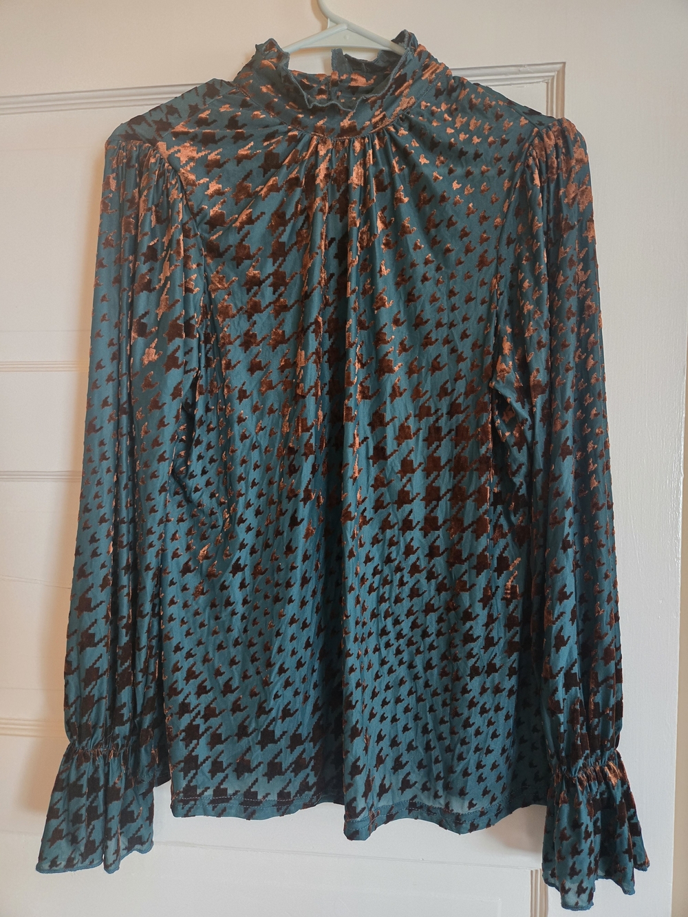 Unique Vintage Teal and Copper Houndstooth Ruffle-Neck Blouse